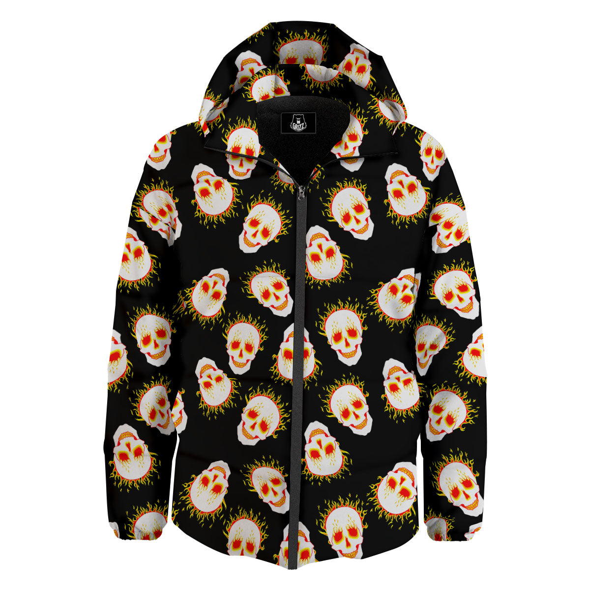 In Flames Skull Print Pattern Down Jacket-grizzshop
