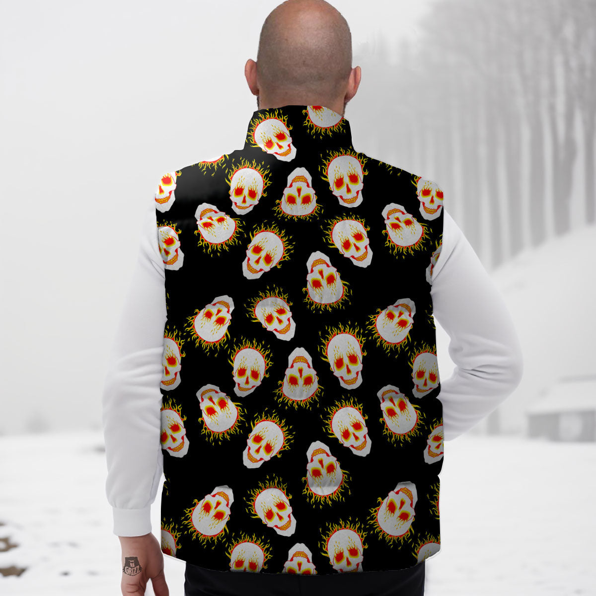 In Flames Skull Print Pattern Down Vest-grizzshop