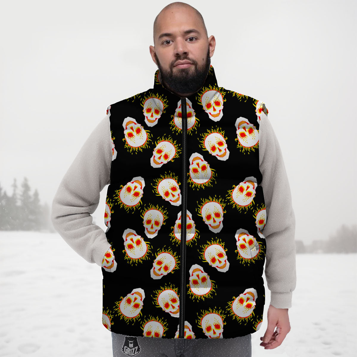 In Flames Skull Print Pattern Down Vest-grizzshop