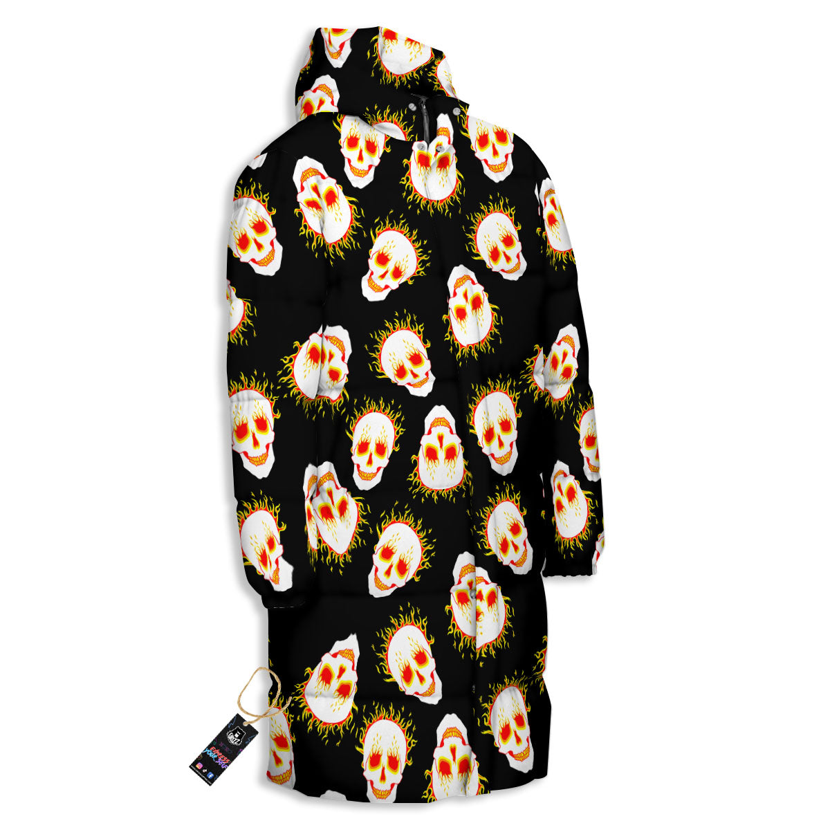 In Flames Skull Print Pattern Long Down Jacket-grizzshop