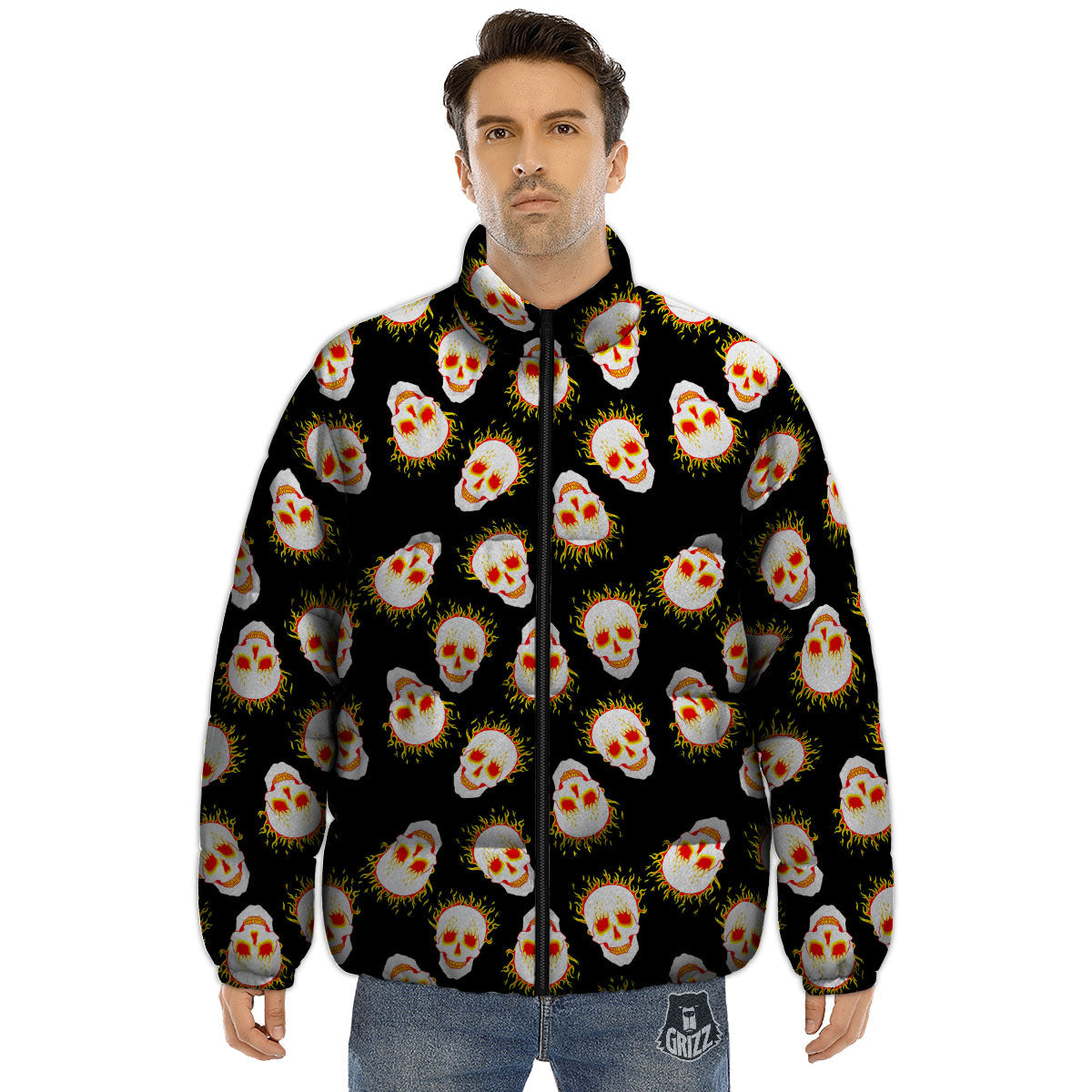 In Flames Skull Print Pattern Puffer Jacket-grizzshop