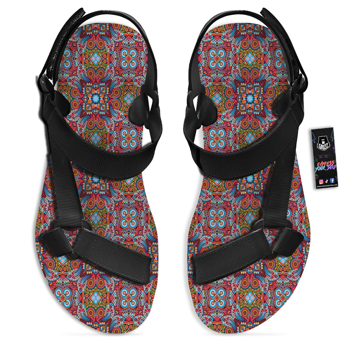 India Paisley Colorful Print Pattern Black Open Toe Sandals-grizzshop