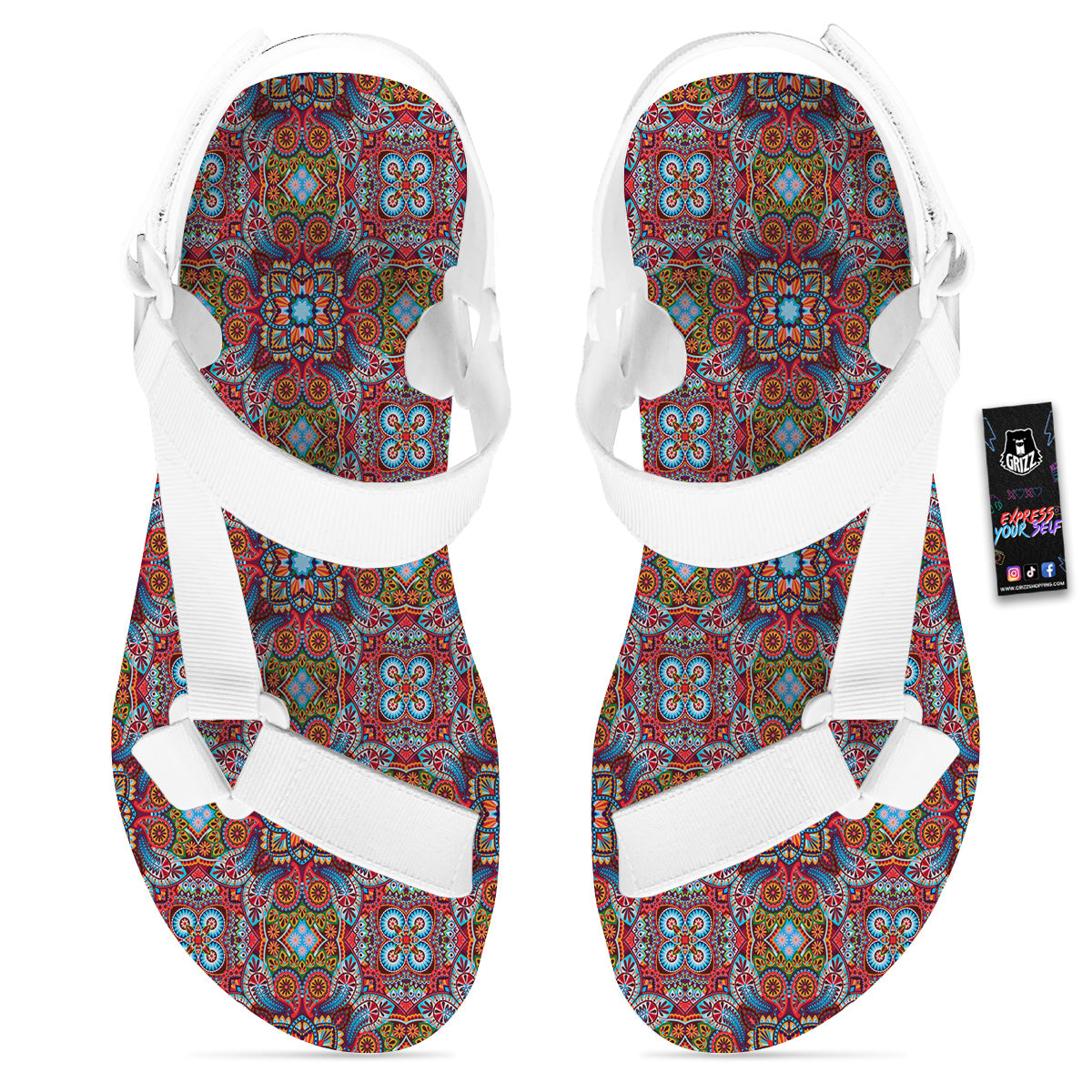 India Paisley Colorful Print Pattern White Open Toe Sandals-grizzshop