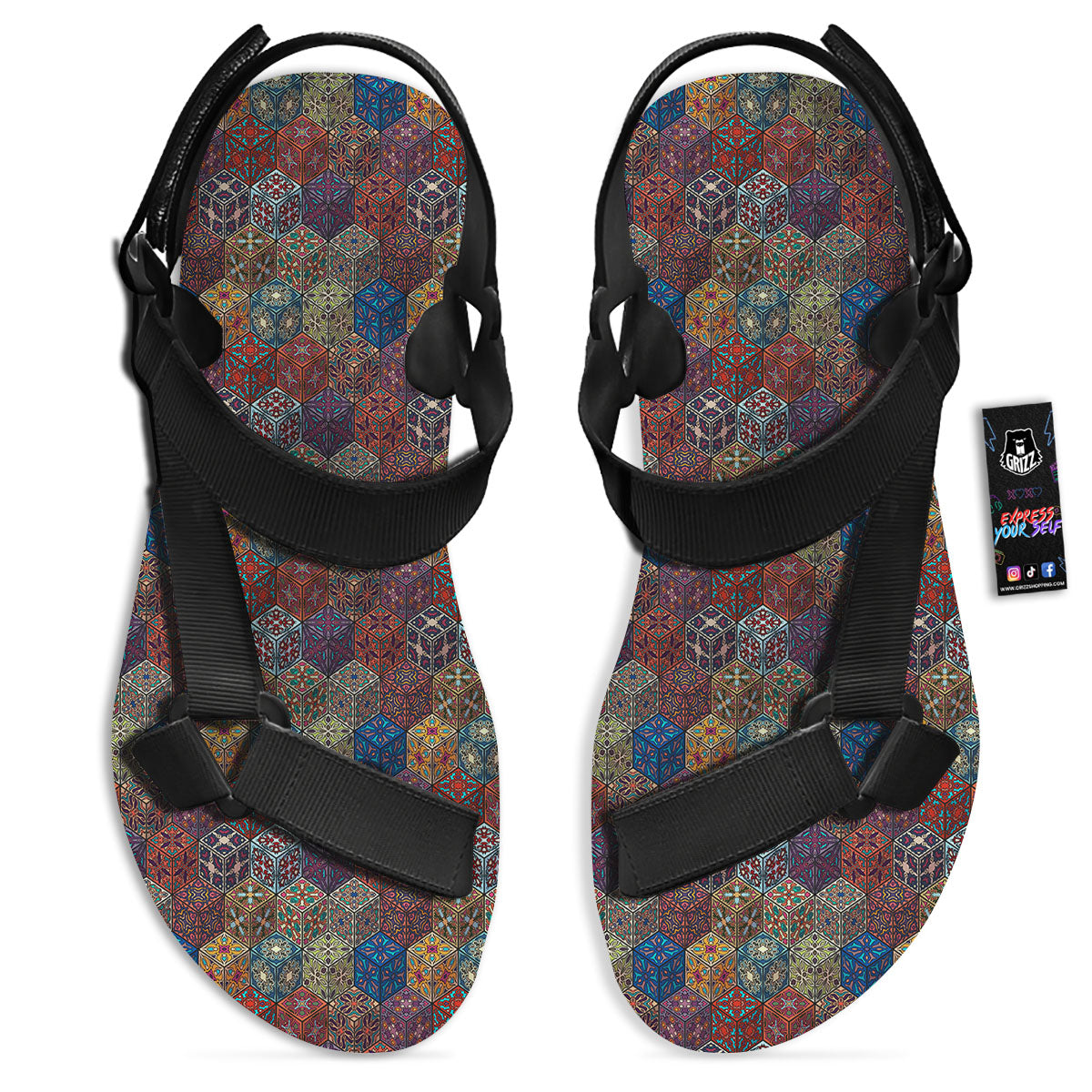 Indian Box Bohemian Print Pattern Black Open Toe Sandals-grizzshop