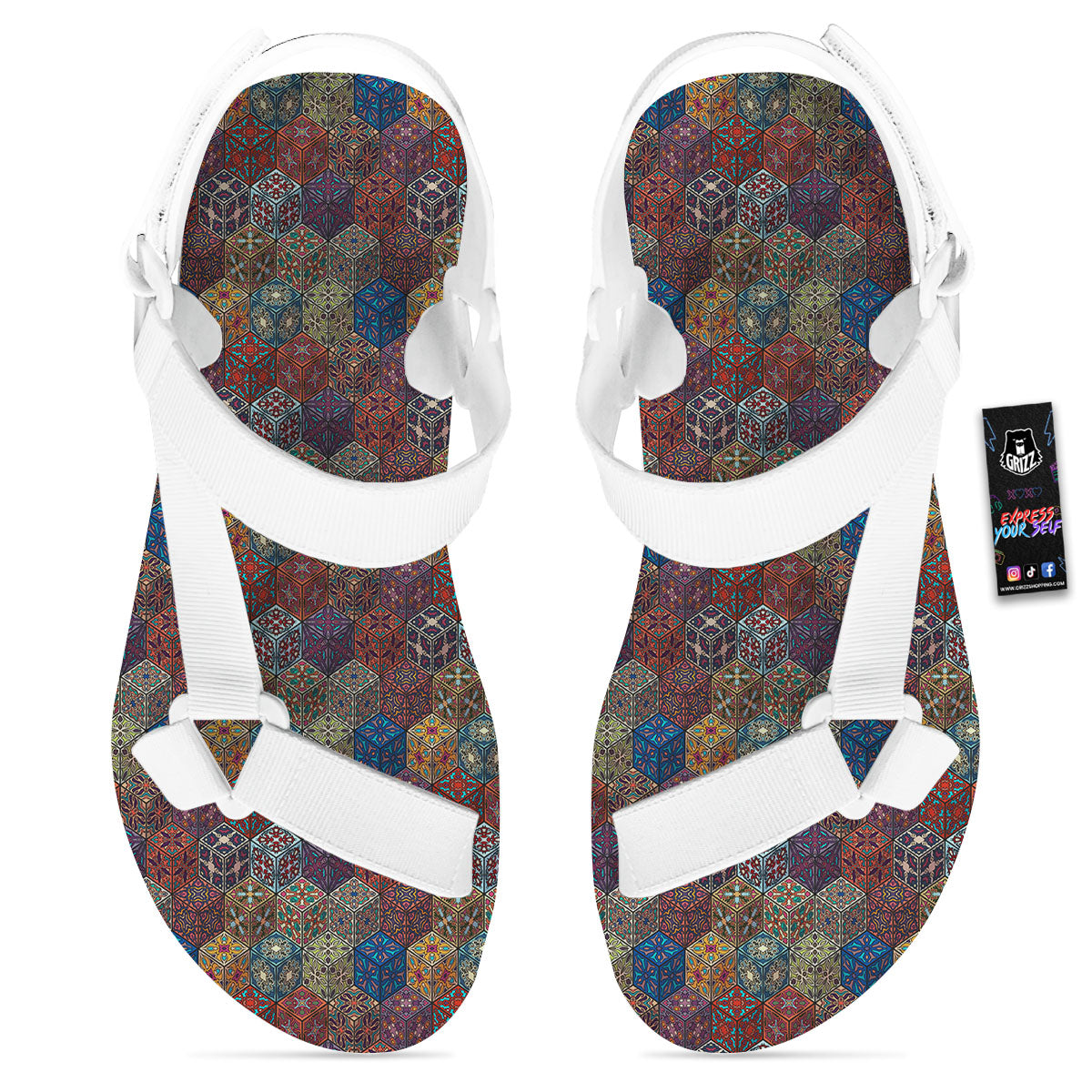 Indian Box Bohemian Print Pattern White Open Toe Sandals-grizzshop