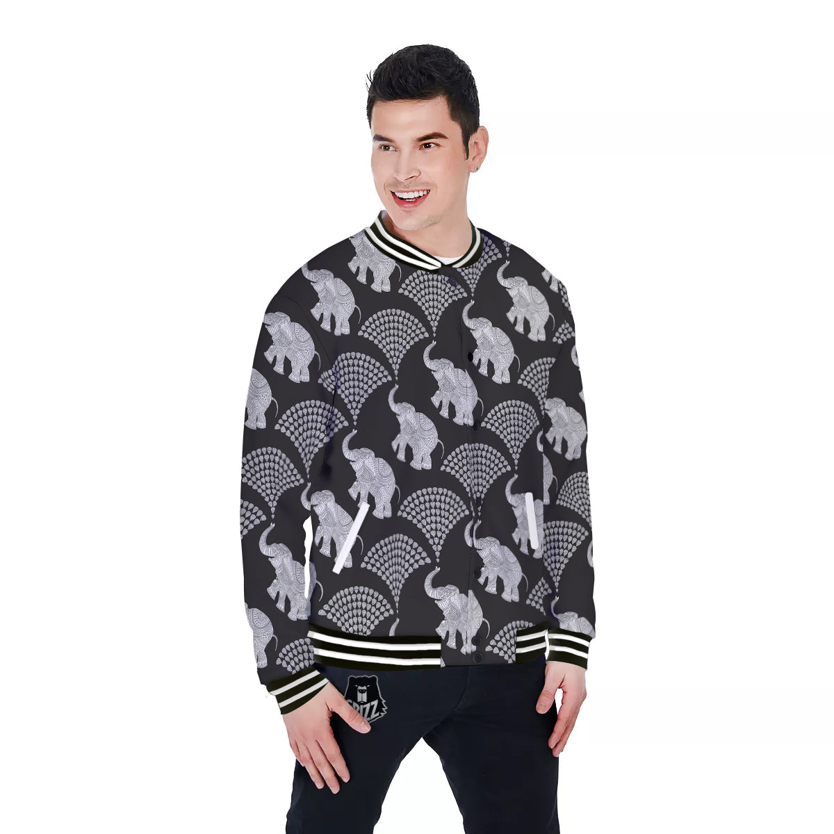 Indian Elephant Black Grey And White Print Pattern Baseball Jacket-grizzshop