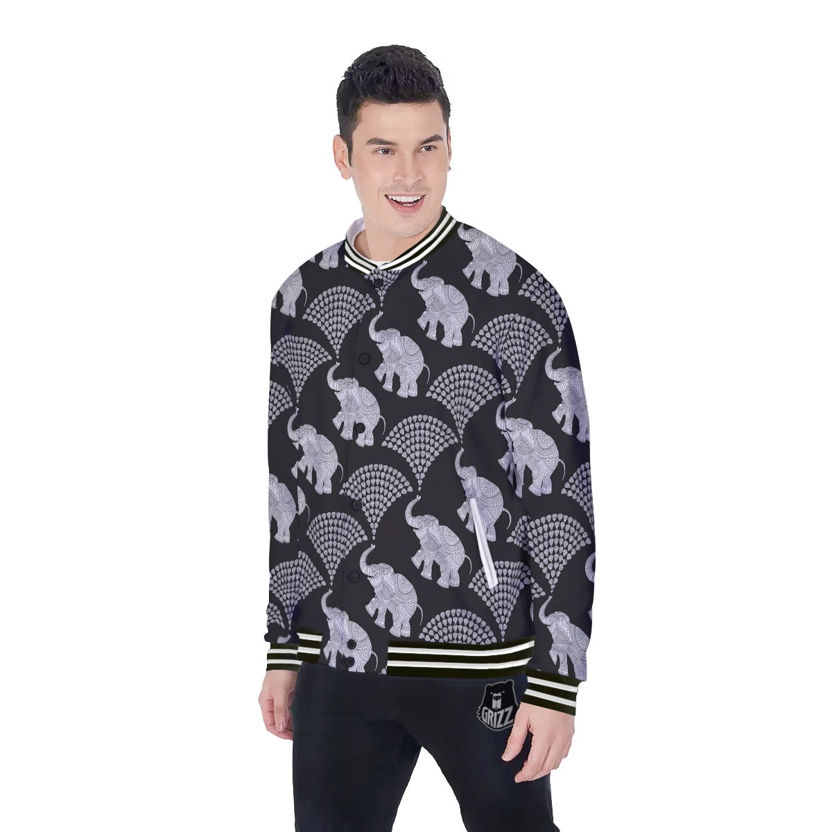 Indian Elephant Black Grey And White Print Pattern Baseball Jacket-grizzshop