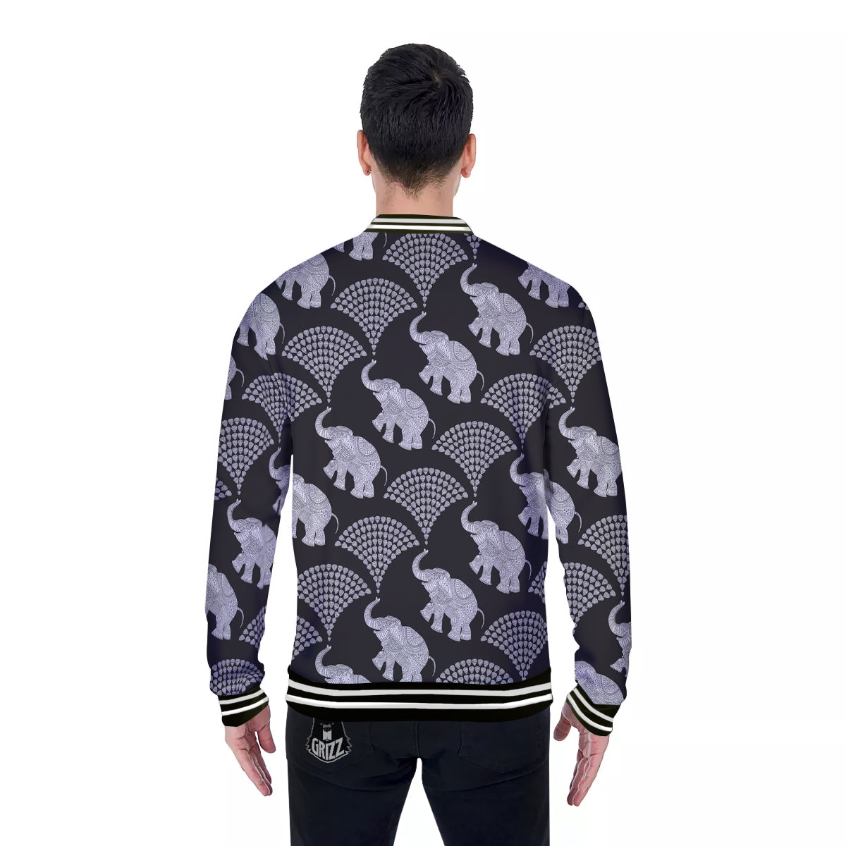 Indian Elephant Black Grey And White Print Pattern Baseball Jacket-grizzshop