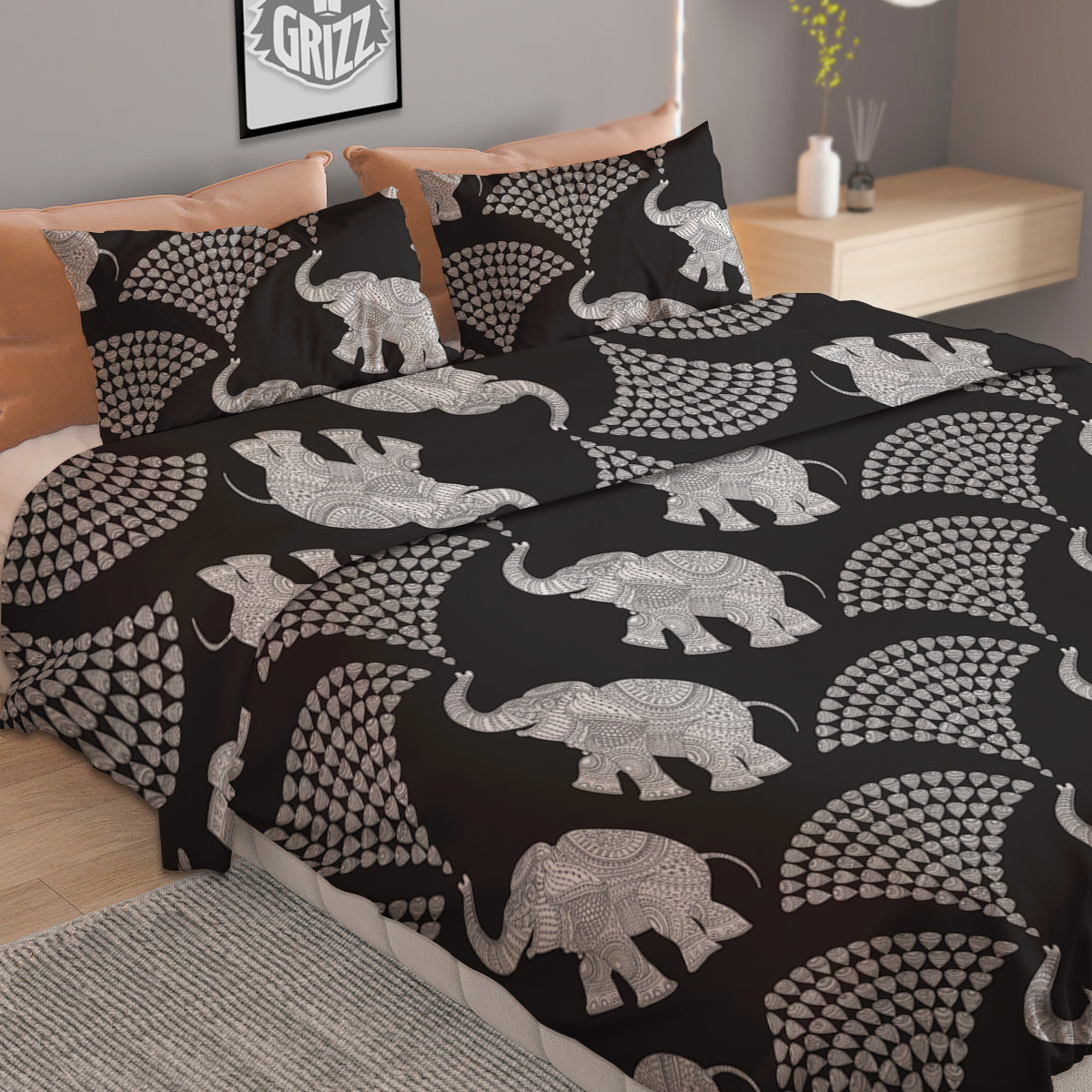 Indian Elephant Black Grey And White Print Pattern Duvet Cover Bedding Set