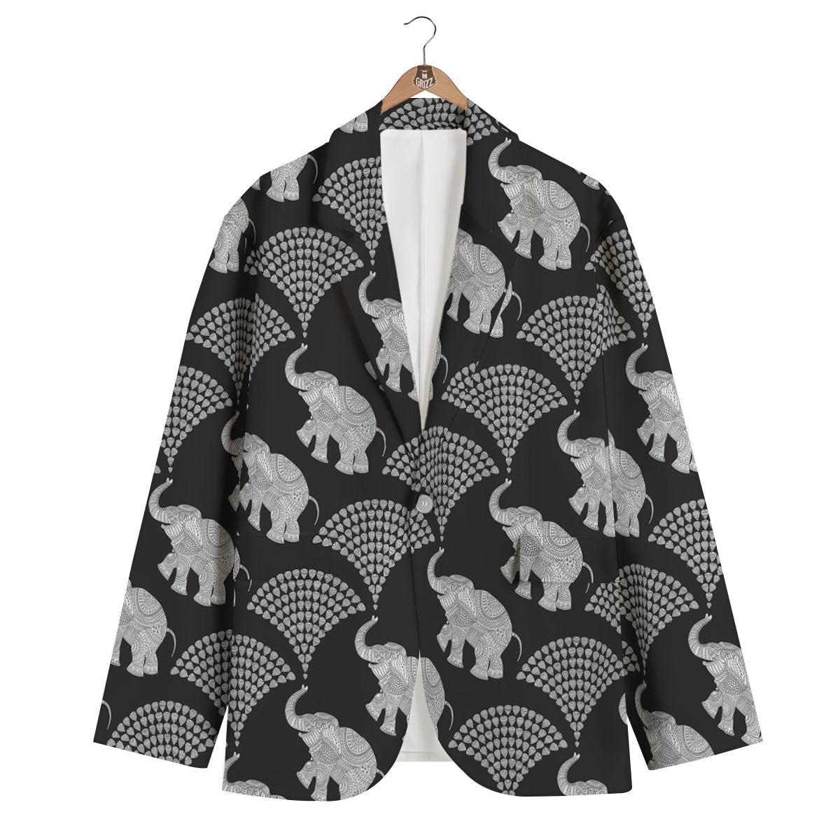 Indian Elephant Black Grey And White Print Pattern Men's Blazer-grizzshop