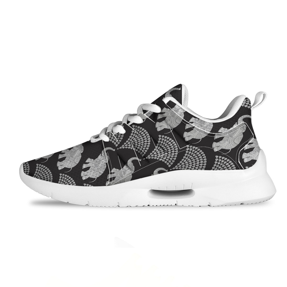 Indian Elephant Black Grey And White Print Pattern Tennis Shoes-grizzshop