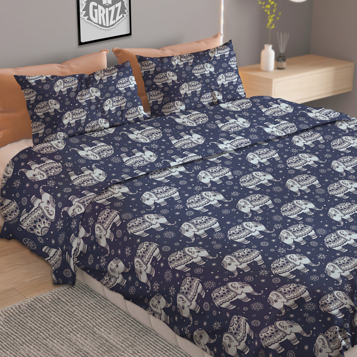 Indian Elephant Blue And White Print Pattern Duvet Cover Bedding Set