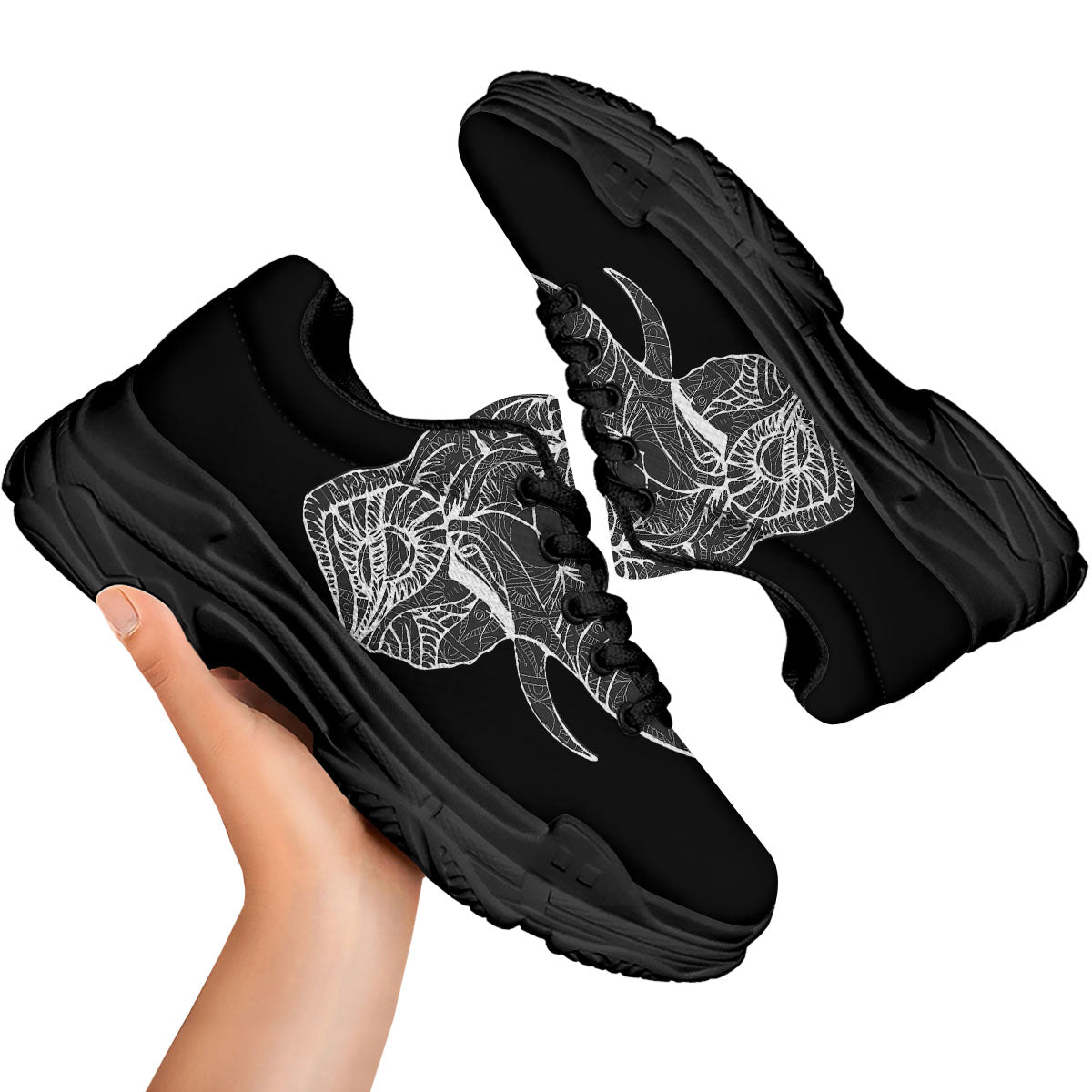 Indian Elephant White And Black Print Black Chunky Shoes-grizzshop