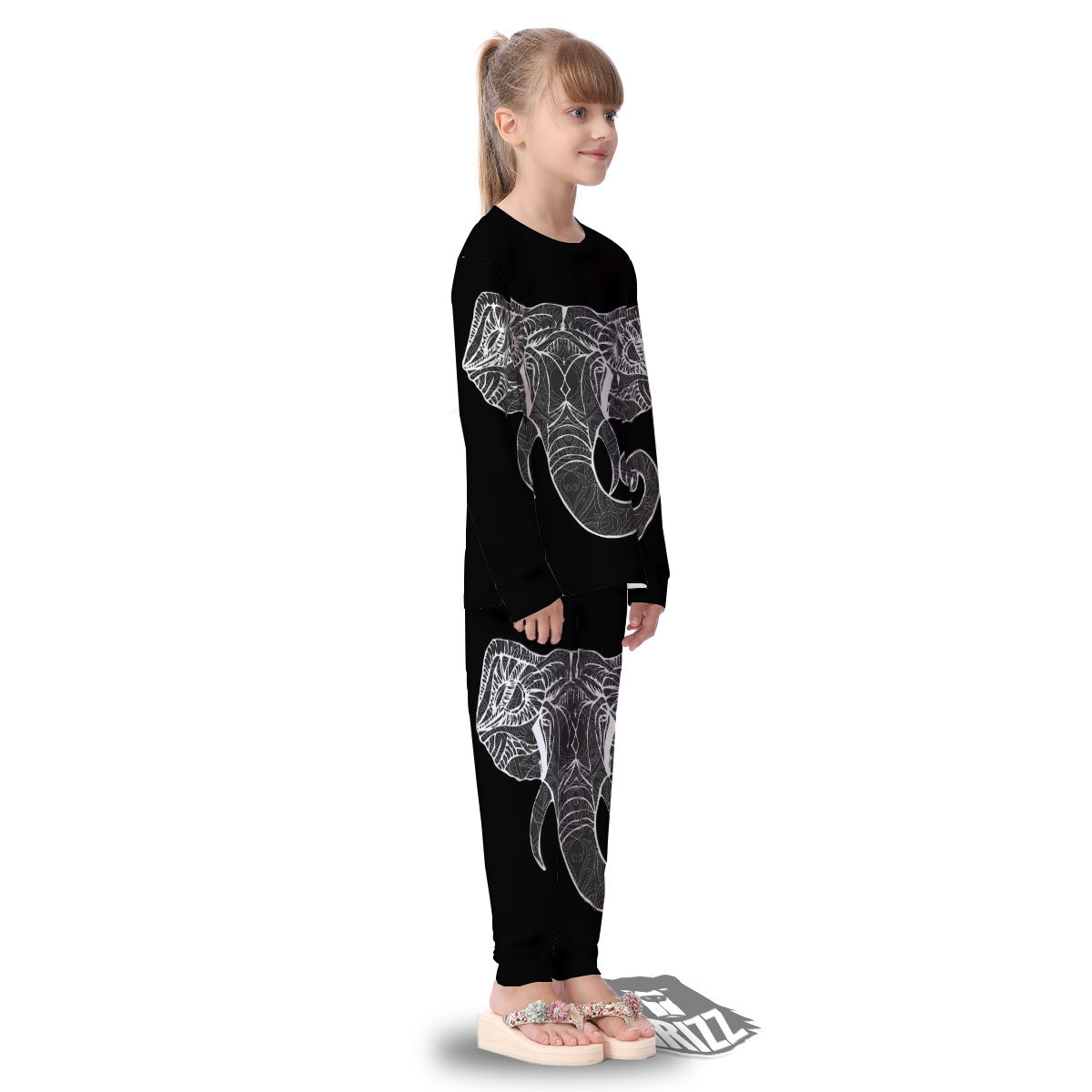 Indian Elephant White And Black Print Kid's Pajamas-grizzshop