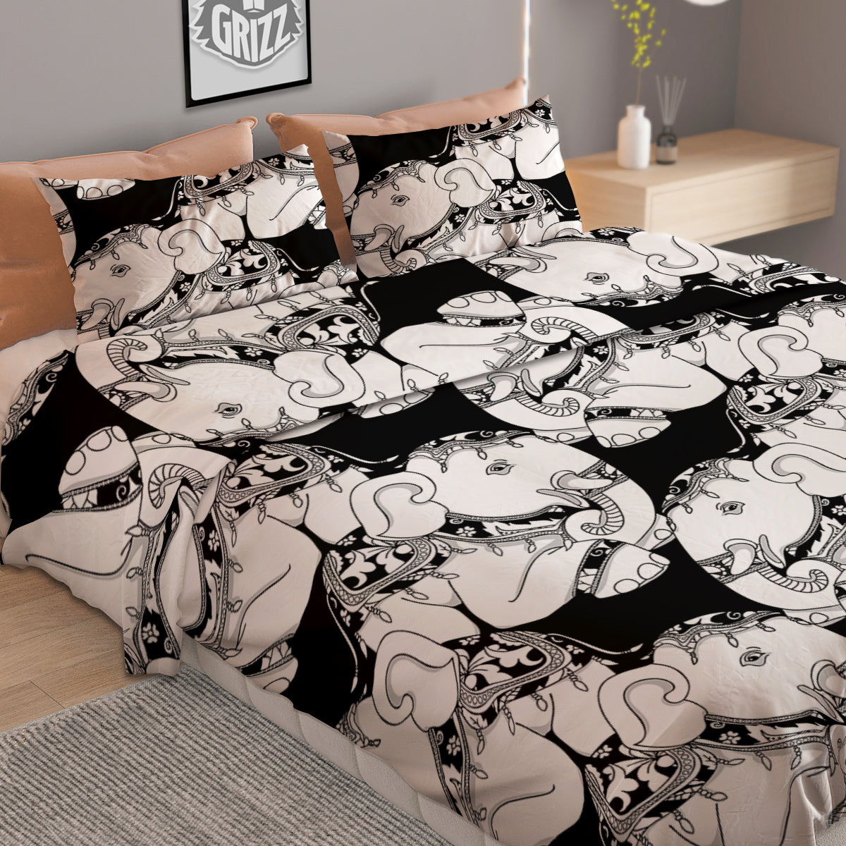 Indian Elephant White And Black Print Pattern Duvet Cover Bedding Set