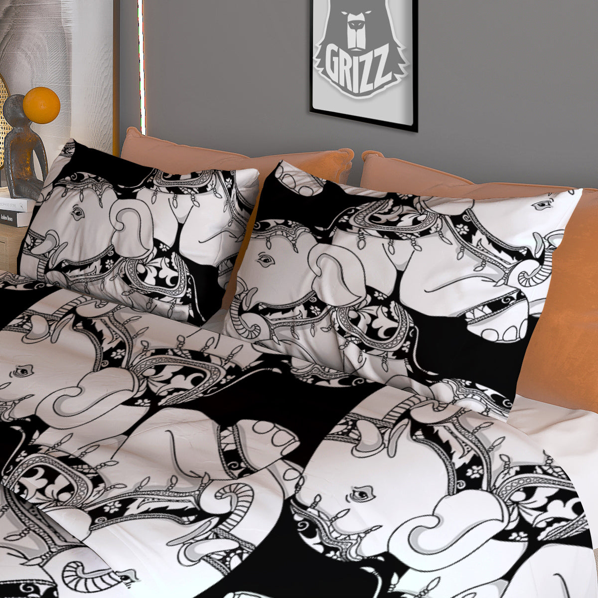 Indian Elephant White And Black Print Pattern Duvet Cover Bedding Set