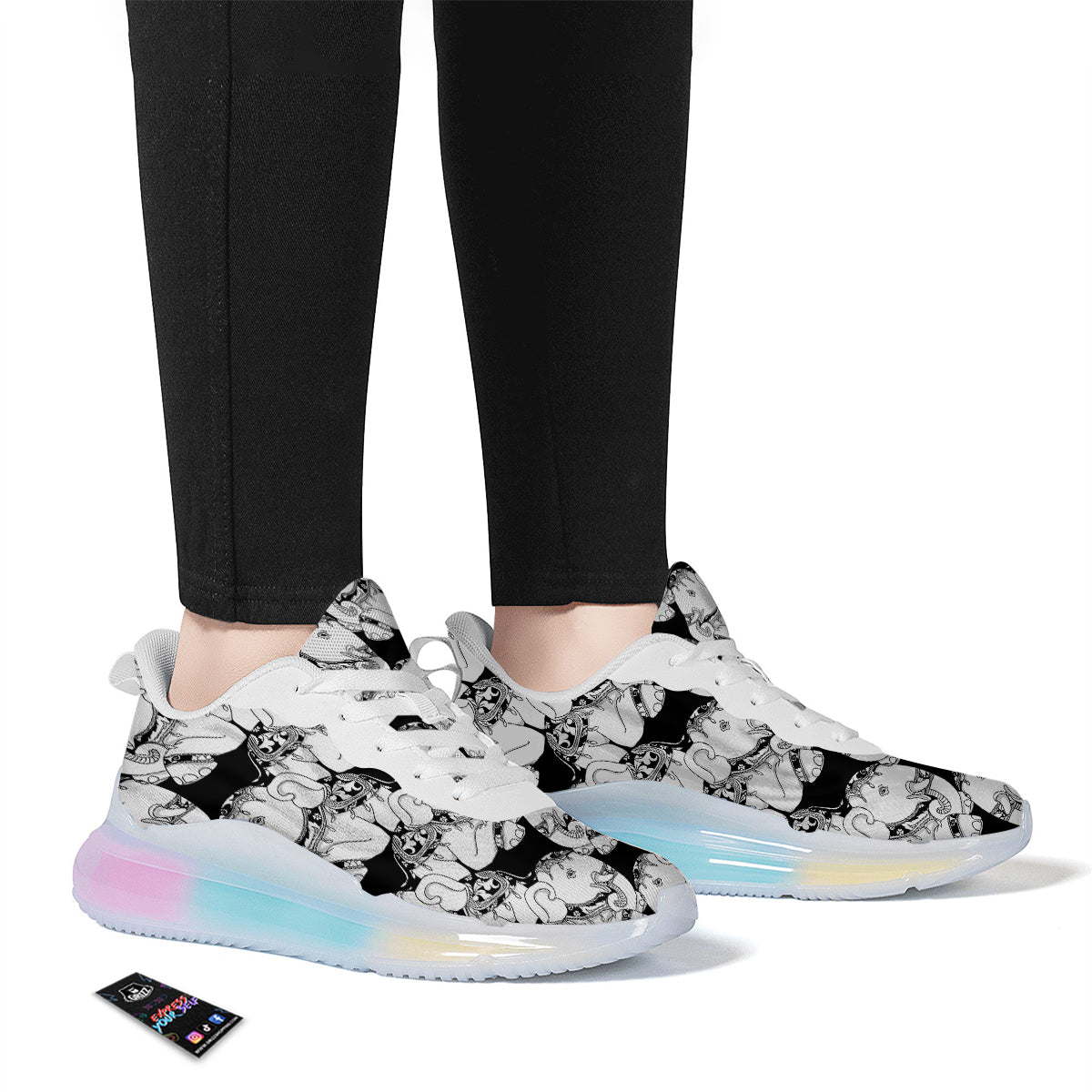 Indian Elephant White And Black Print Pattern Running Sneakers-grizzshop