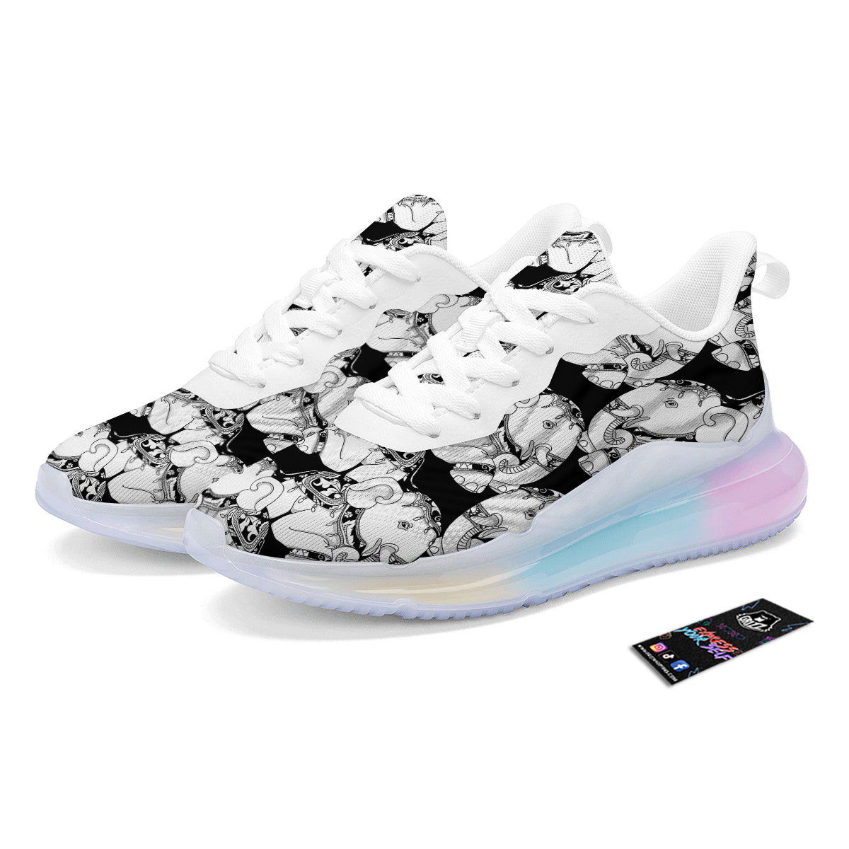 Indian Elephant White And Black Print Pattern Running Sneakers-grizzshop