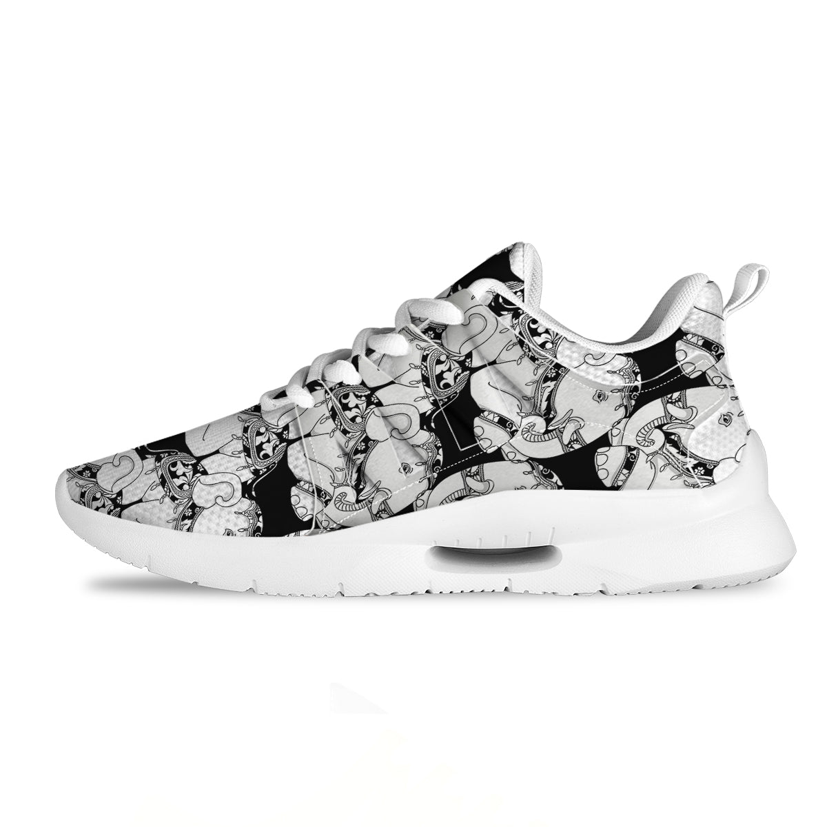 Indian Elephant White And Black Print Pattern Tennis Shoes-grizzshop