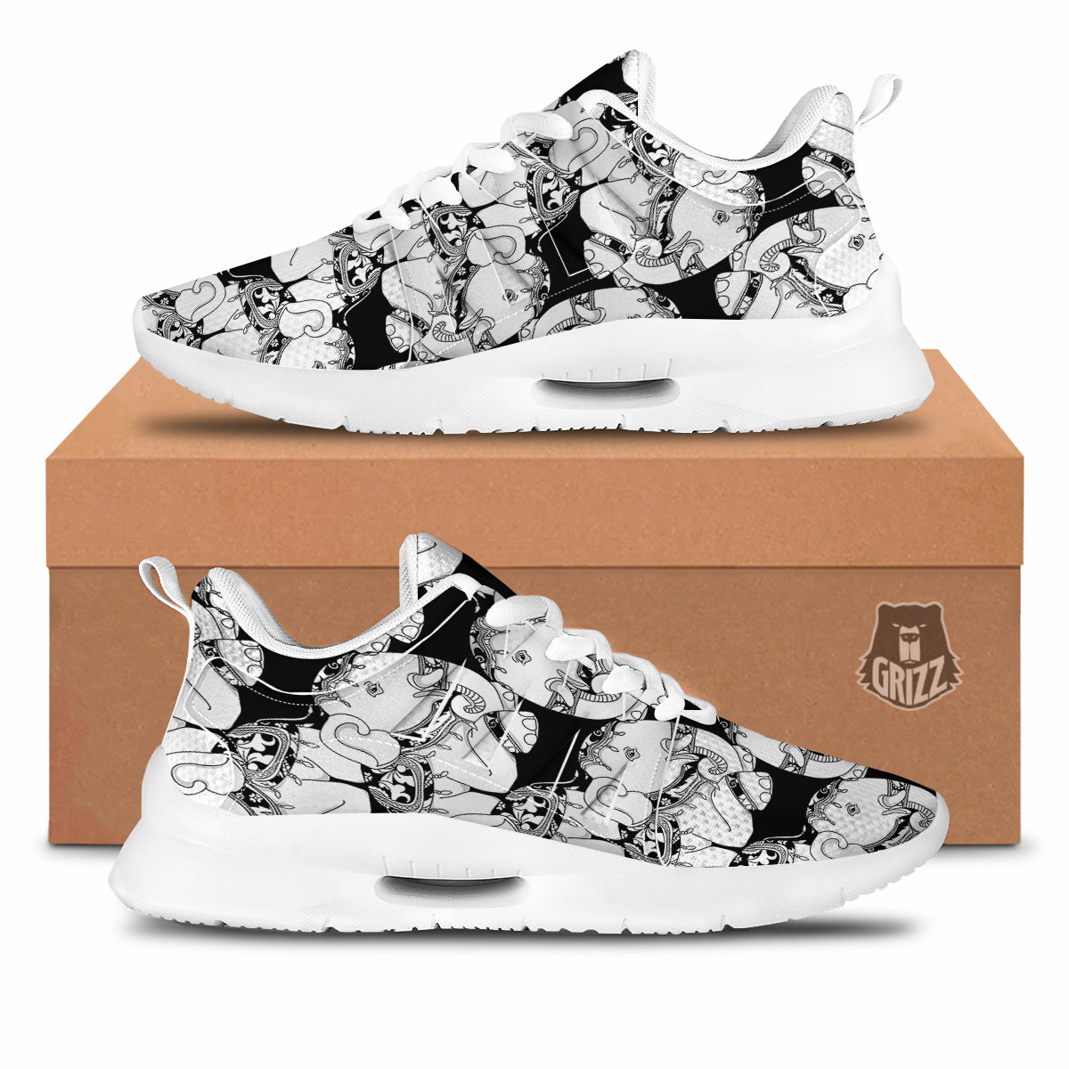 Indian Elephant White And Black Print Pattern Tennis Shoes-grizzshop