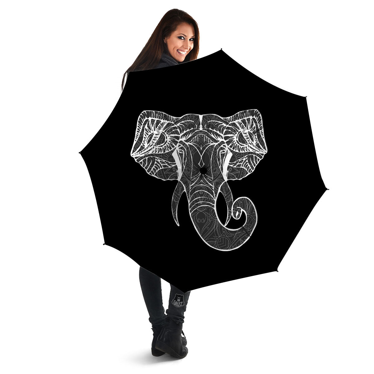 Indian Elephant White And Black Print Umbrella-grizzshop