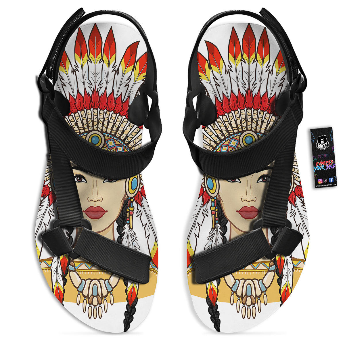 Indian Girl Native American Print Black Open Toe Sandals-grizzshop