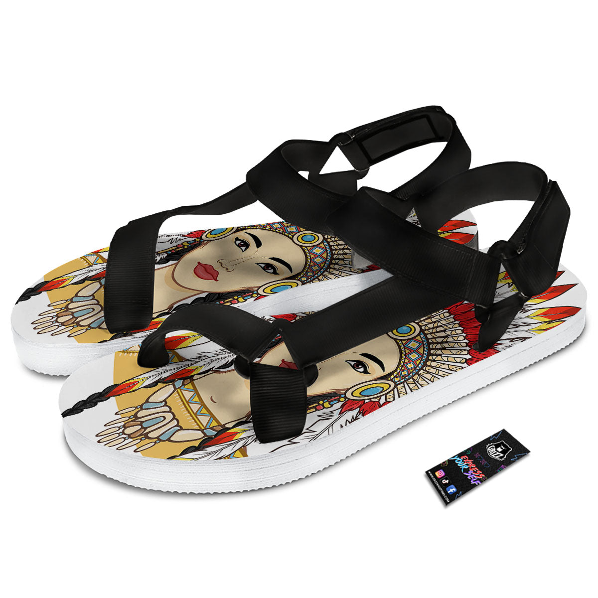 Indian Girl Native American Print Black Open Toe Sandals-grizzshop