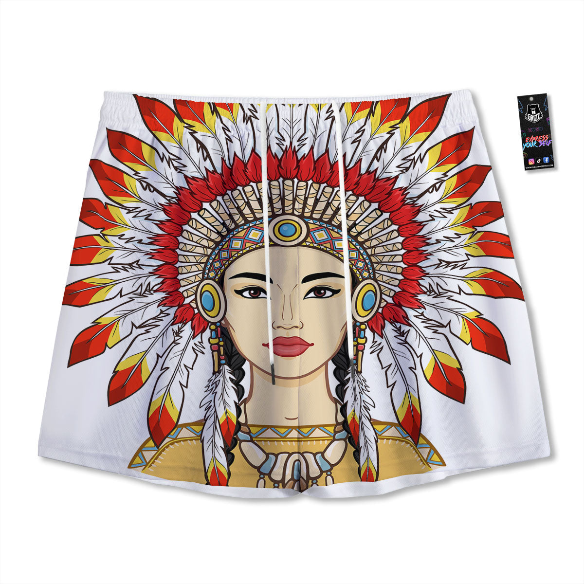 Indian Girl Native American Print Mesh Shorts