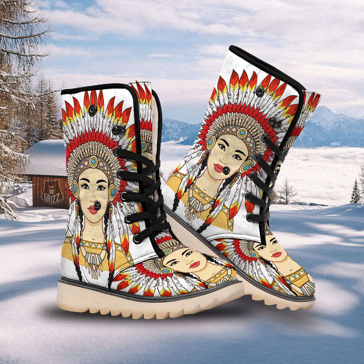 Indian Girl Native American Print Snow Boots-grizzshop