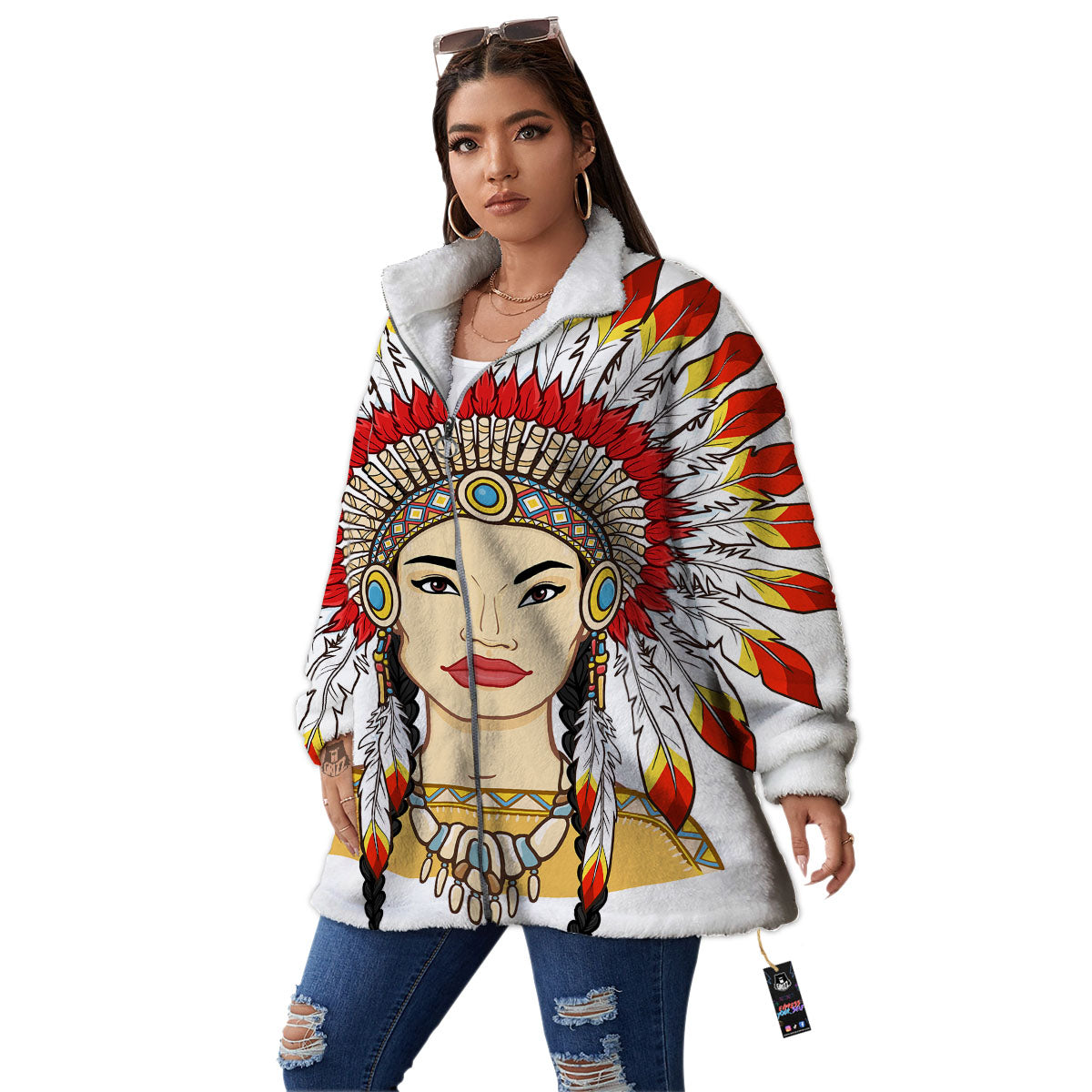 Indian Girl Native American Print Women's Sherpa Jacket-grizzshop