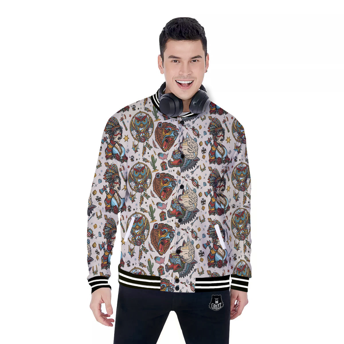 Indian Old School Tattoo Style Print Pattern Baseball Jacket-grizzshop