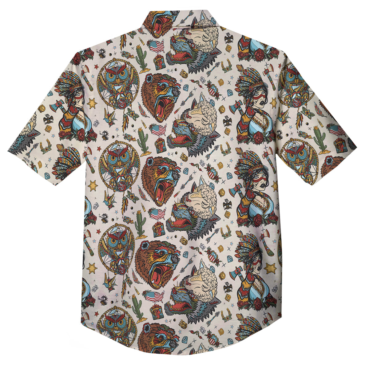 Indian Old School Tattoo Style Print Pattern Button Up Shirt-grizzshop