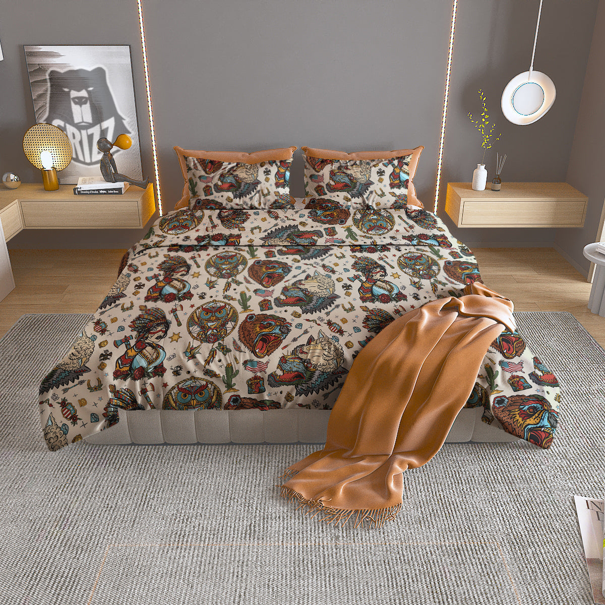 Indian Old School Tattoo Style Print Pattern Duvet Cover Bedding Set