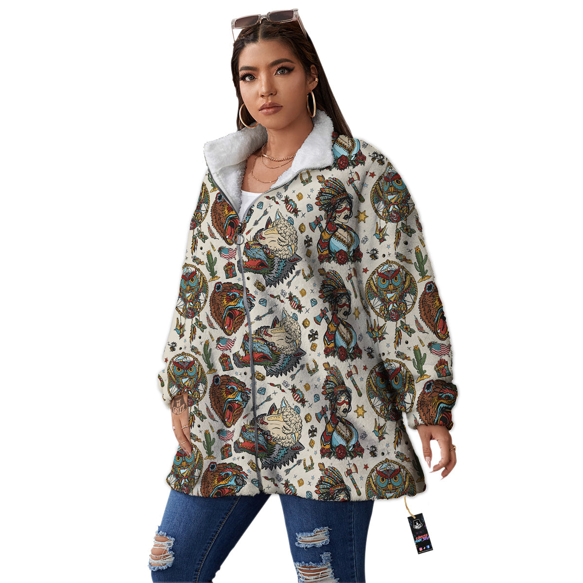 Indian Old School Tattoo Style Print Pattern Women's Sherpa Jacket-grizzshop