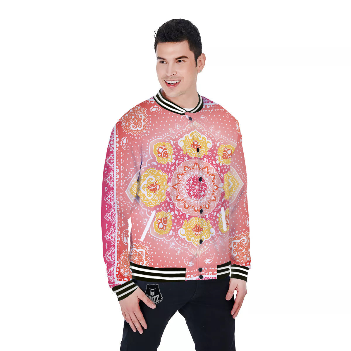 Indian Paisley Bandana Pink Print Baseball Jacket-grizzshop