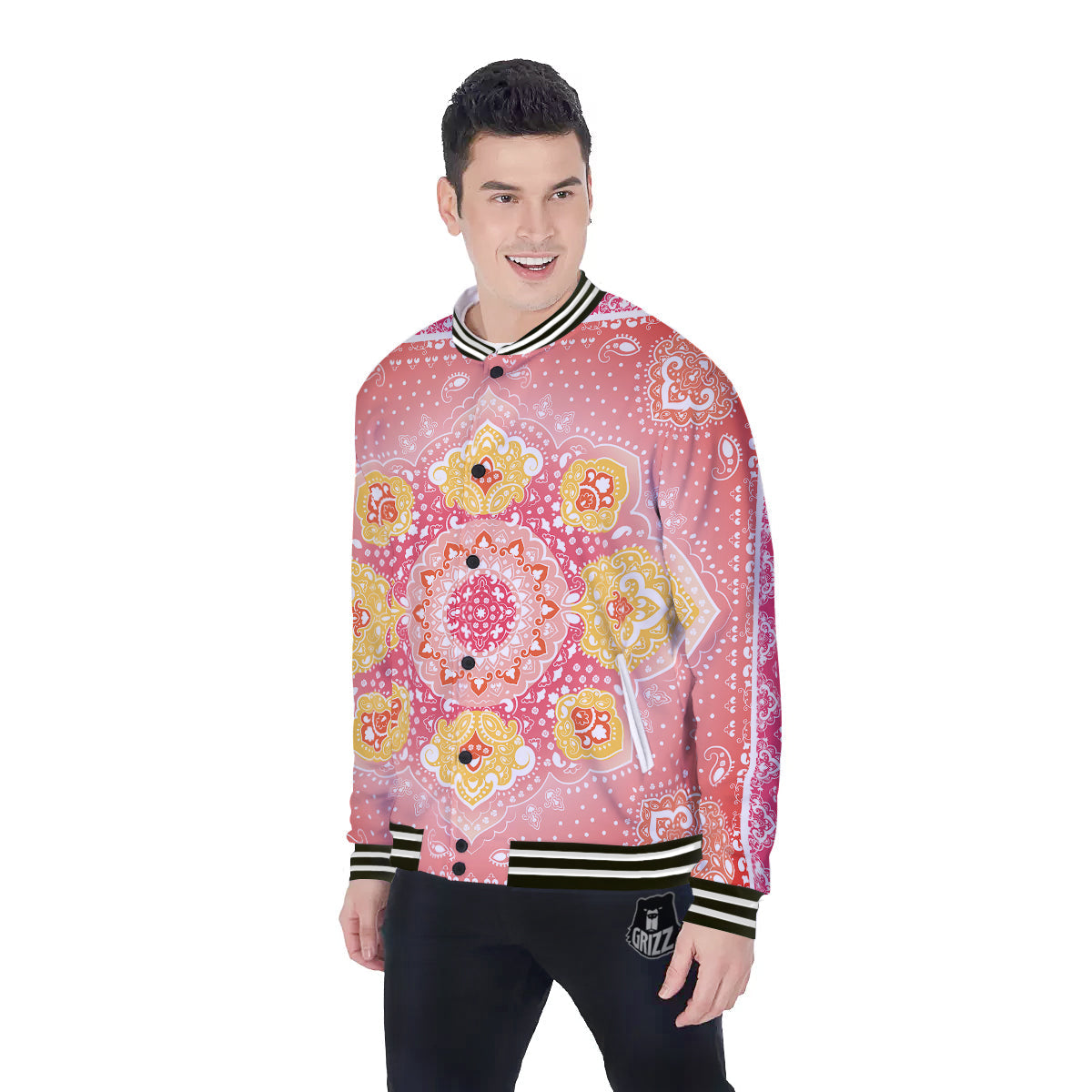 Indian Paisley Bandana Pink Print Baseball Jacket-grizzshop