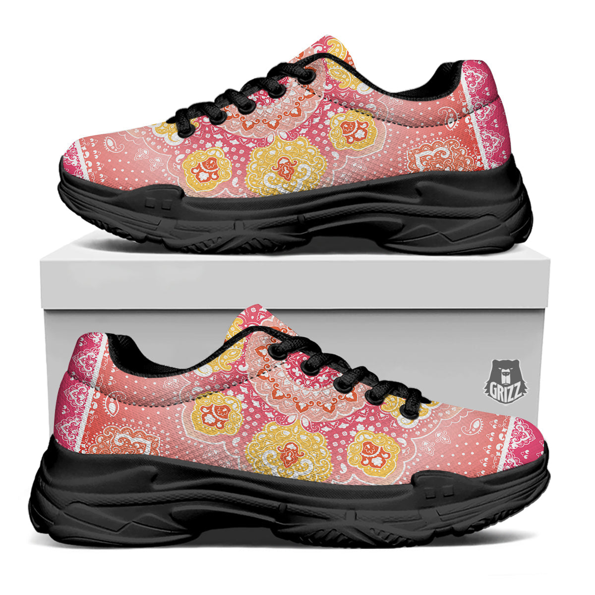 Indian Paisley Bandana Pink Print Black Chunky Shoes-grizzshop