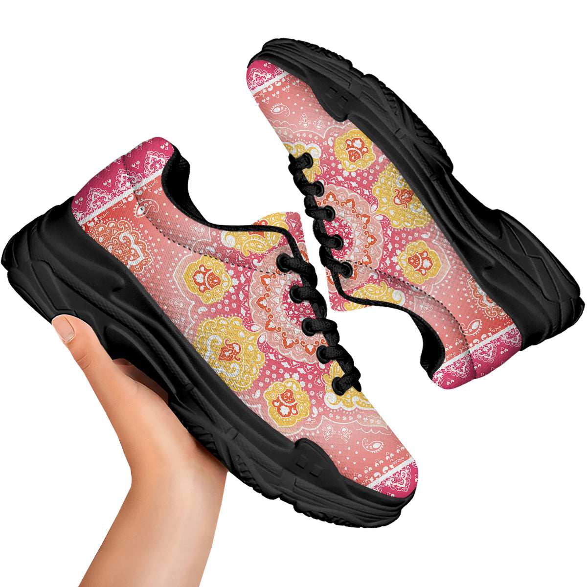 Indian Paisley Bandana Pink Print Black Chunky Shoes-grizzshop