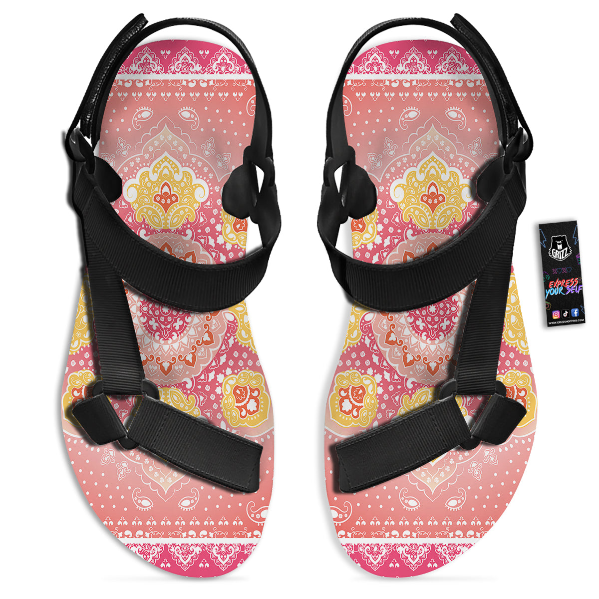 Indian Paisley Bandana Pink Print Black Open Toe Sandals-grizzshop