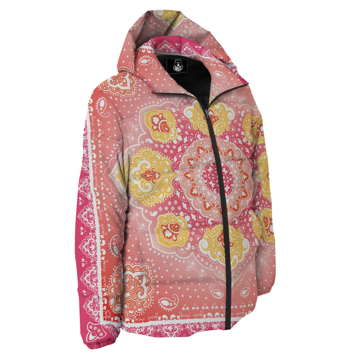 Indian Paisley Bandana Pink Print Down Jacket-grizzshop