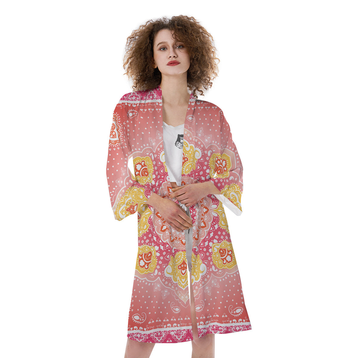 Indian Paisley Bandana Pink Print Kimono-grizzshop
