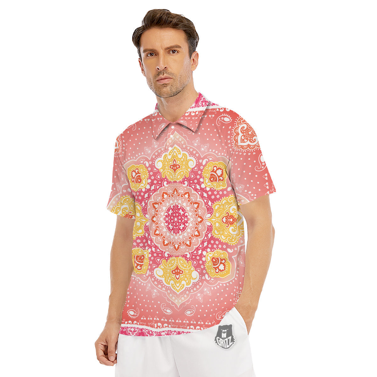 Indian Paisley Bandana Pink Print Men's Golf Shirts-grizzshop