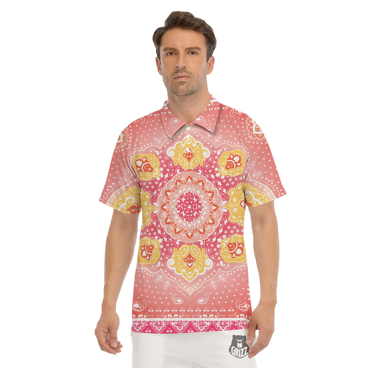 Indian Paisley Bandana Pink Print Men's Golf Shirts-grizzshop