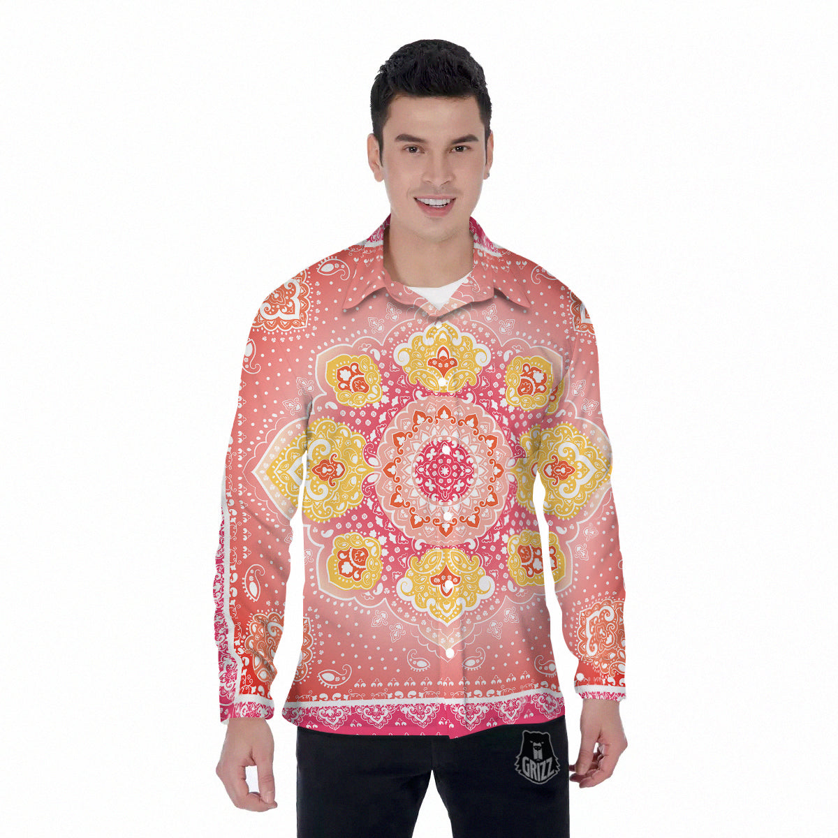 Indian Paisley Bandana Pink Print Men's Long Sleeve Shirts-grizzshop