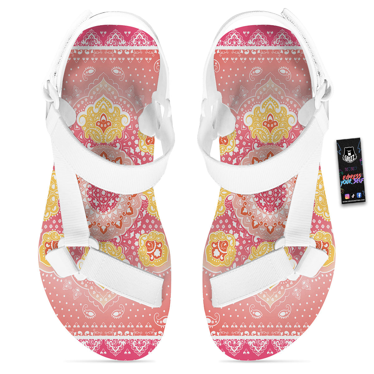 Indian Paisley Bandana Pink Print White Open Toe Sandals-grizzshop