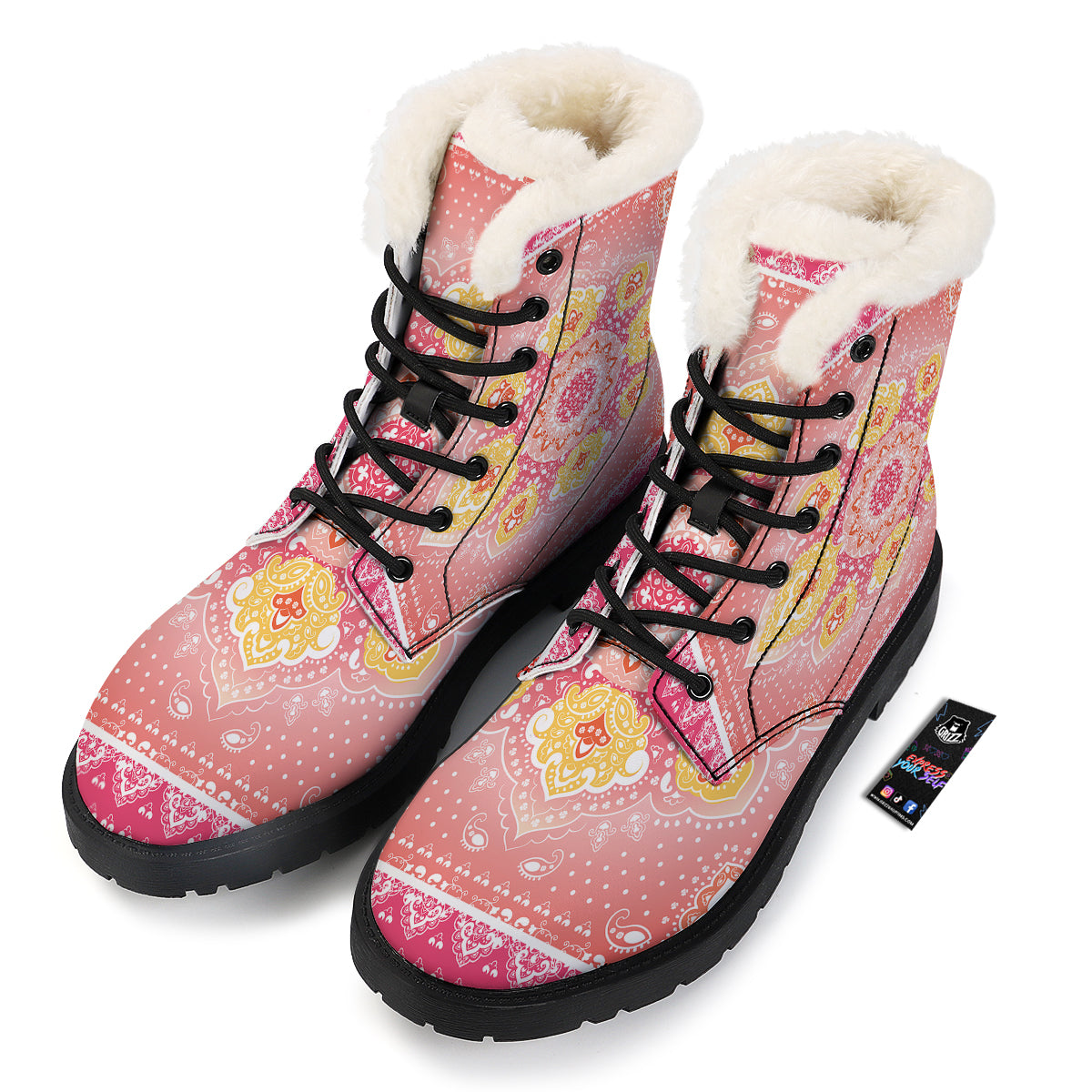 Indian Paisley Bandana Pink Print Winter Boots-grizzshop