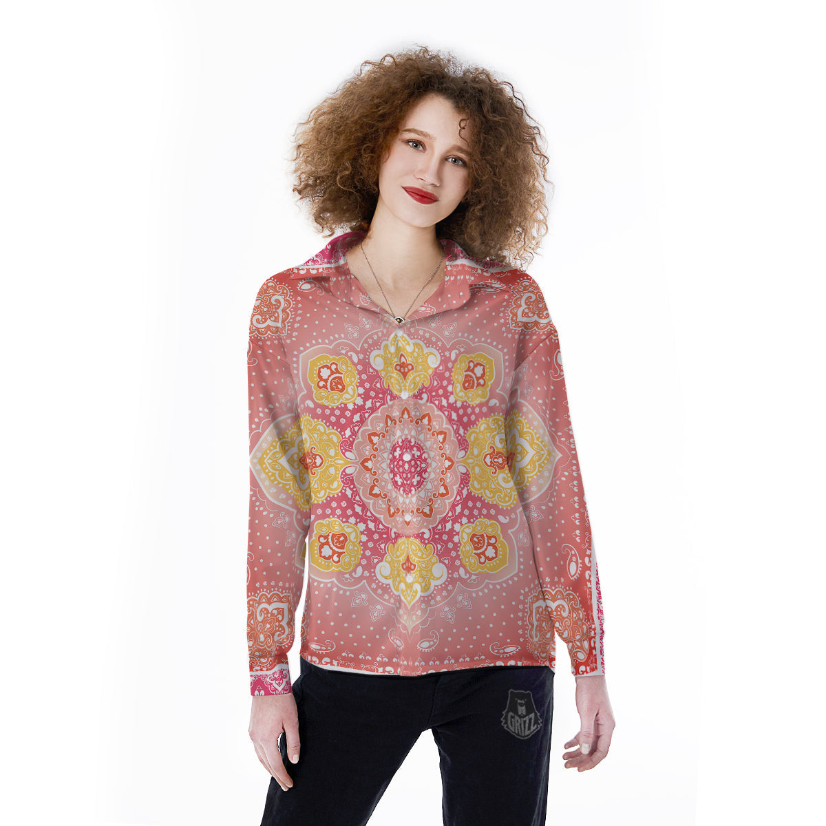 Indian Paisley Bandana Pink Print Women's Long Sleeve Shirts-grizzshop