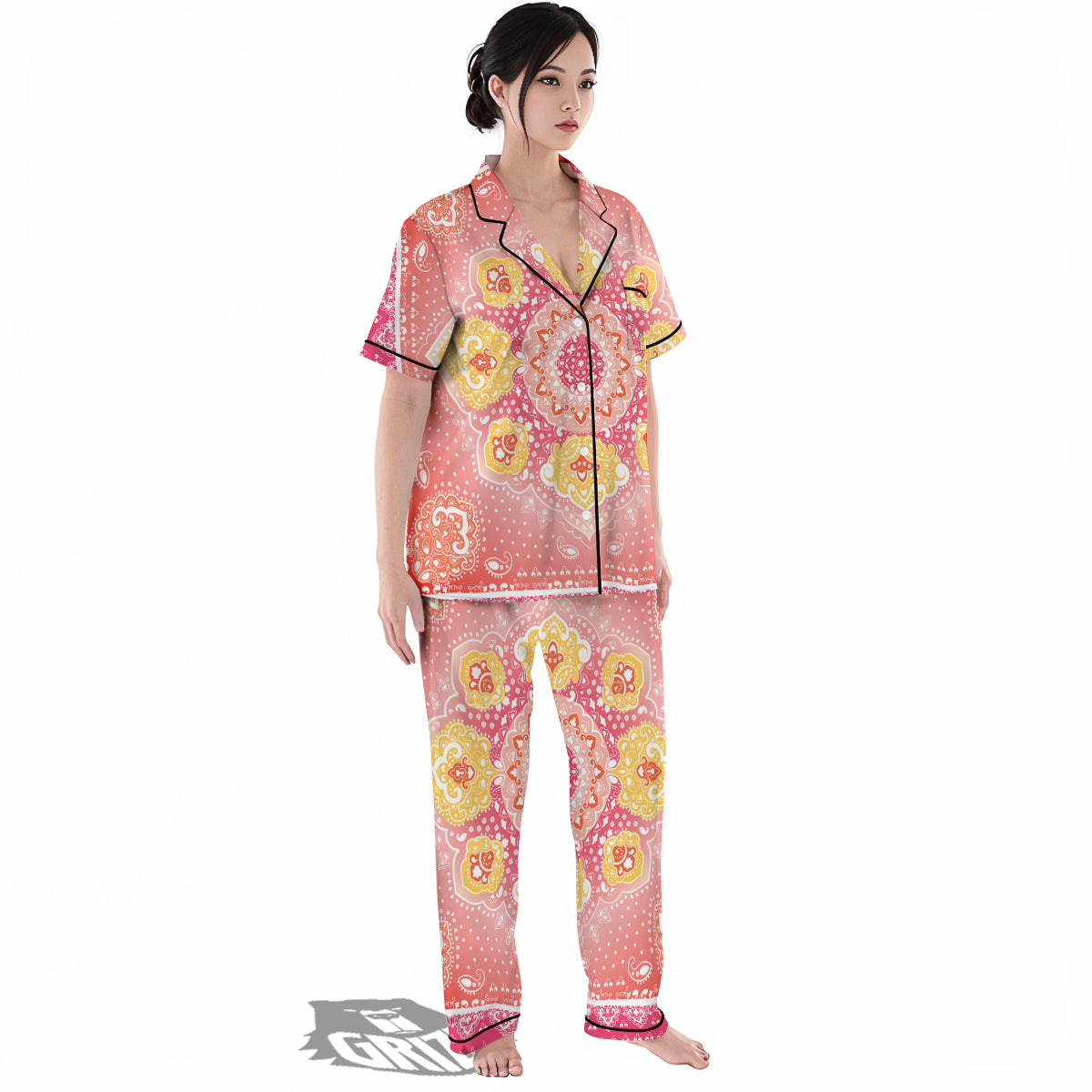 Indian Paisley Bandana Pink Print Women's Pajamas Set-grizzshop