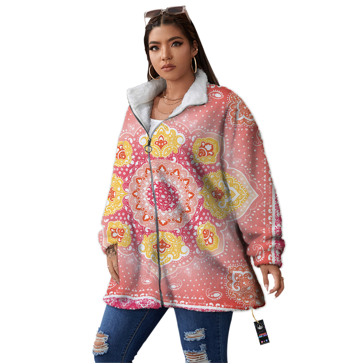 Indian Paisley Bandana Pink Print Women's Sherpa Jacket-grizzshop