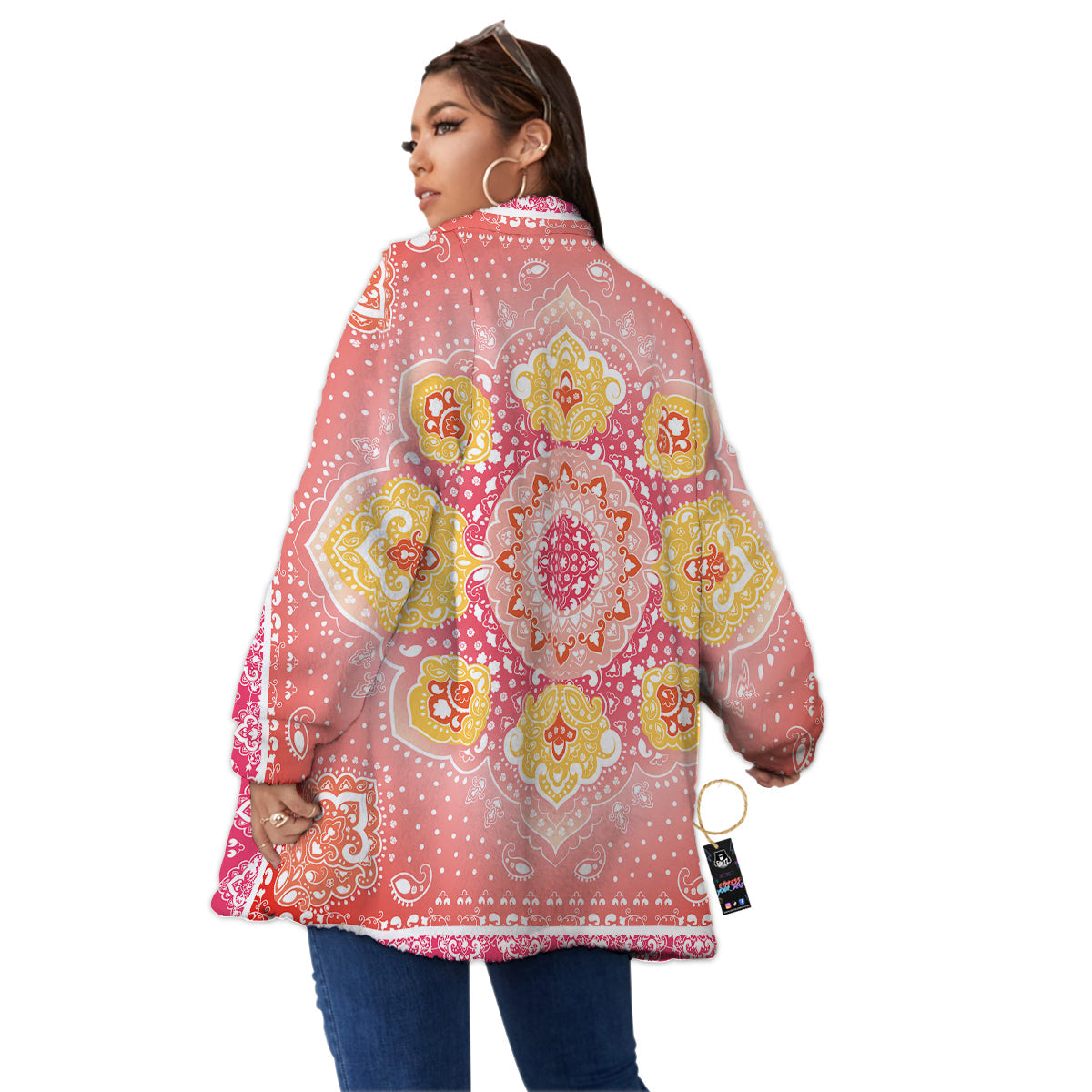Indian Paisley Bandana Pink Print Women's Sherpa Jacket-grizzshop